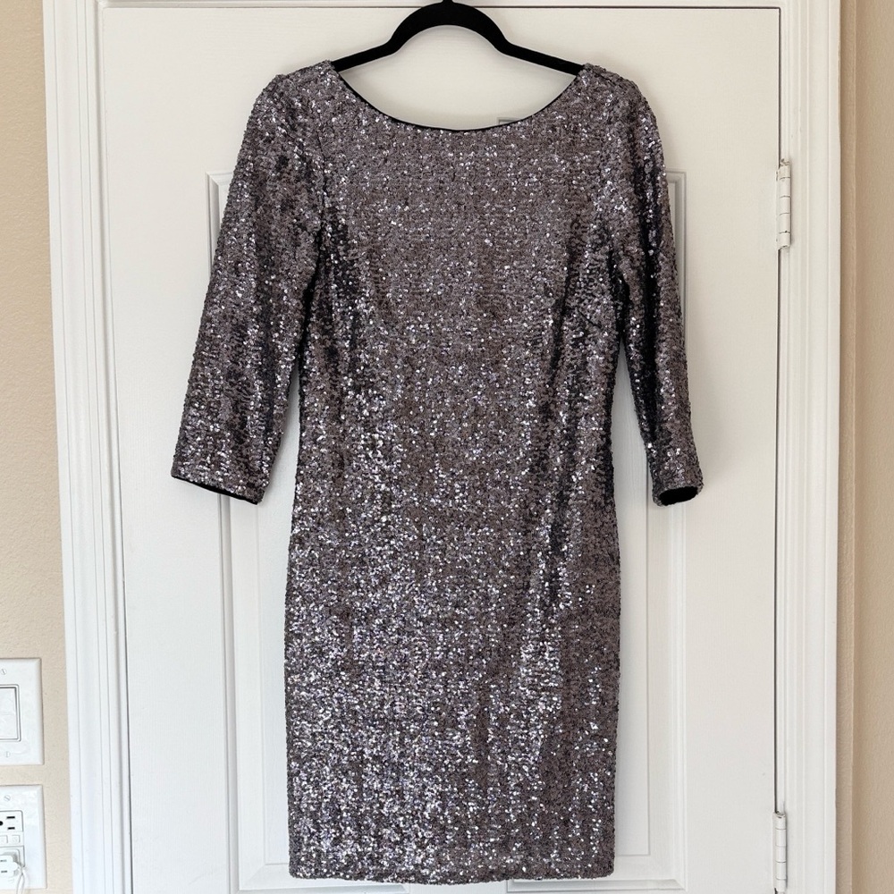 {Aiden Mattox} Silver Sequin Sheath Dress | sz 10